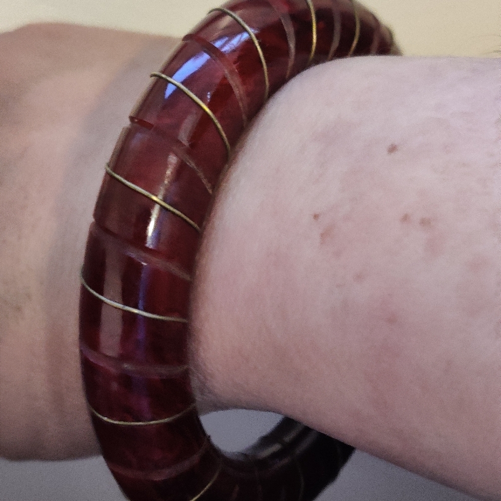Vintage Old Plastic Crimson Red Tone carved bangle bracelet